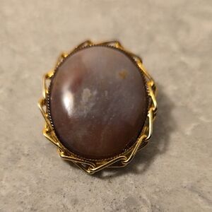 Vintage Speckled Agate Brooch Pendant Brown Blue Oval Gold Tone Unsigned Pin